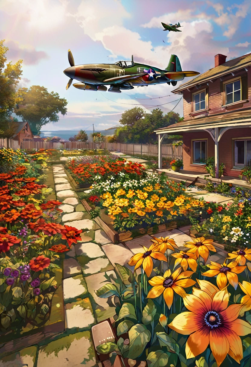 Fighter planes fly over Abandoned flower garden
