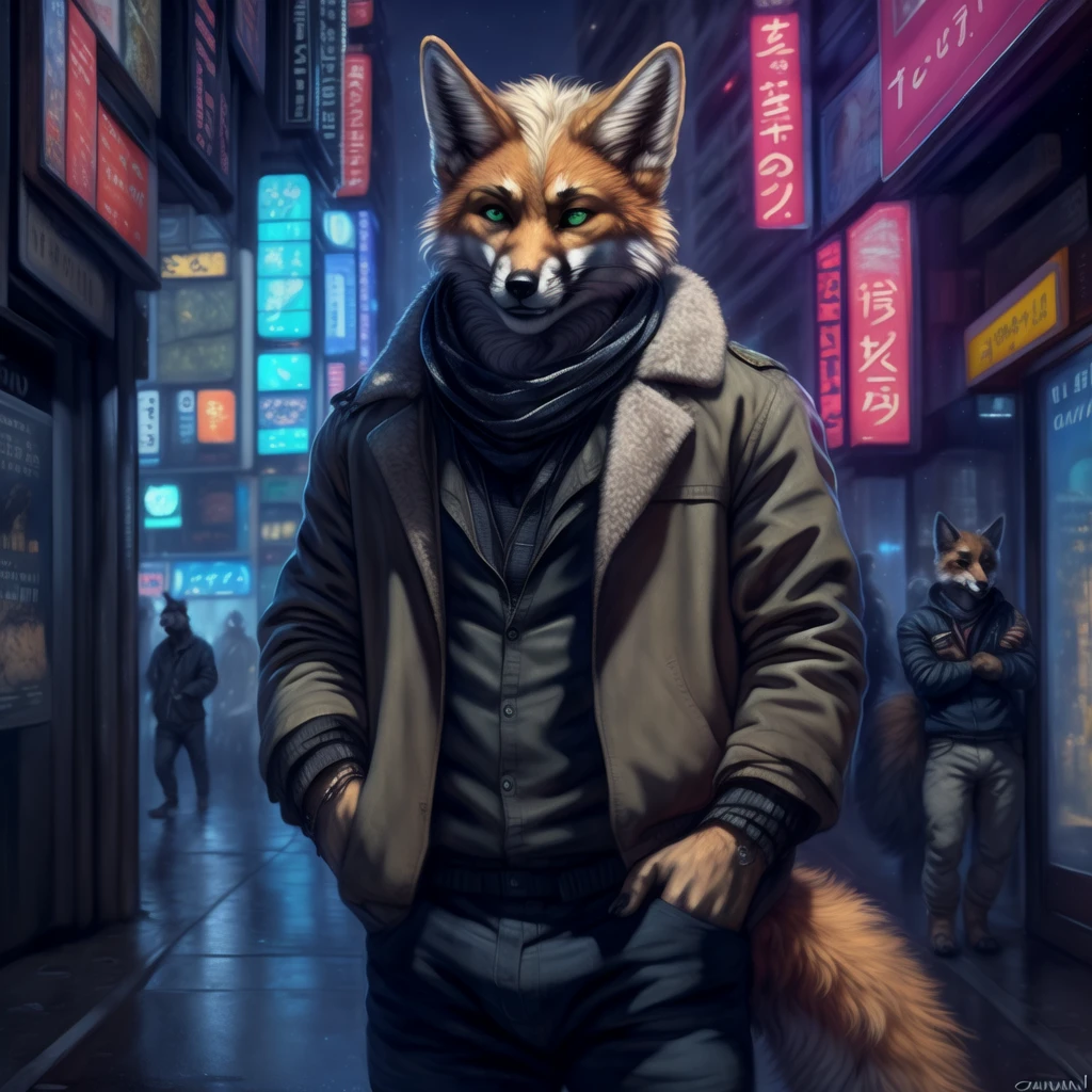 (by oouna, by honovy, by personalami, by clockhands) male, fox, solo, wearing jacket, green eyes, fox mccloud, wearing jacket, pants, scarf, fancy, black shirt, night, city, tokyo, street, akihabara, neon lights