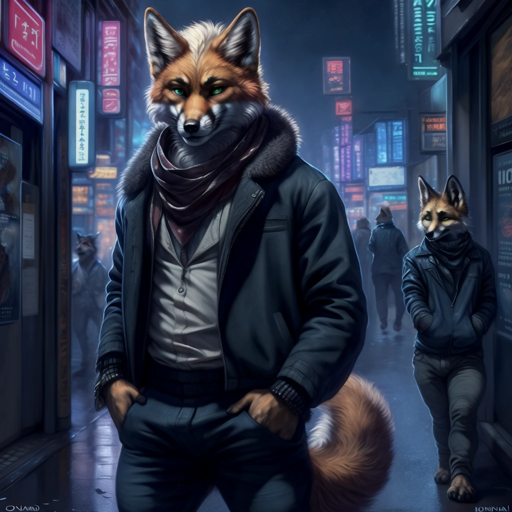 (by oouna, by honovy, by personalami, by clockhands) male, fox, solo, wearing jacket, green eyes, fox mccloud, wearing jacket, pants, scarf, fancy, black shirt, night, city, tokyo, street, akihabara, neon lights