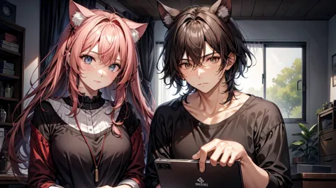 (Junkotvv a girl con orejas de gato) and (neocruz a boy con barba y sin orejas de gato), playing video games together in a room ...
