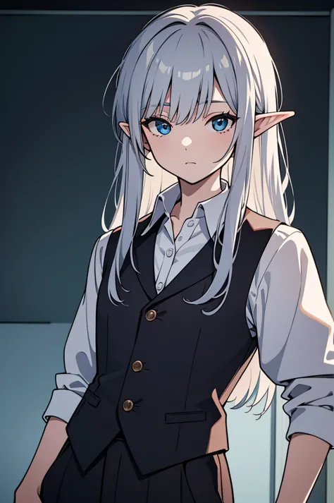 handsome elven male with bright blue eyes, light silver hair, wearing a white collared shirt and slacks, gloomy atmosphere, intr...