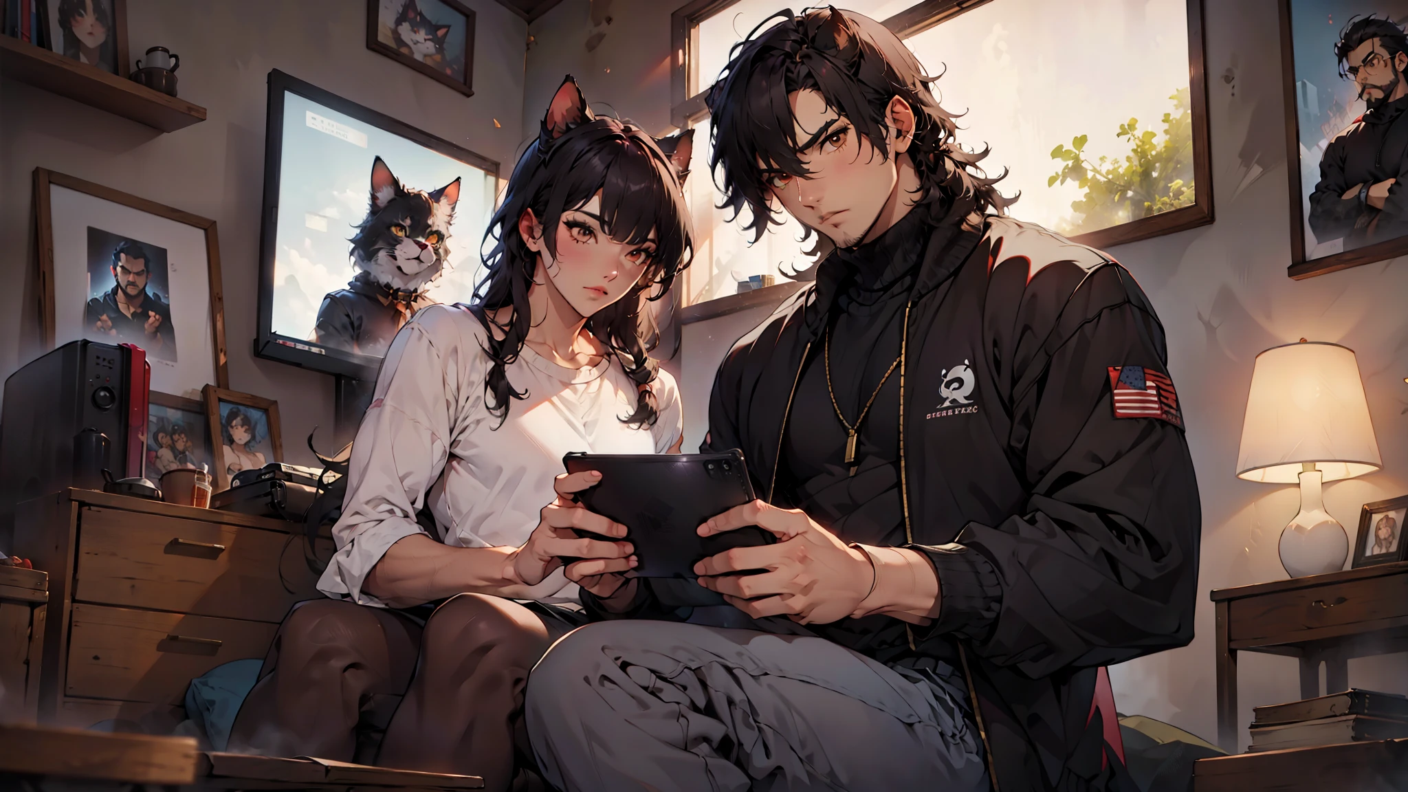 (Junkotvv 고양이 귀를 가진 소녀) 그리고 (고양이 귀가 없고 턱수염을 기른 소년 네오크루즈), playing video games together in a room full of 80s style anime 그리고 posters in neon tones with video game controllers in their h그리고s 그리고 enjoying