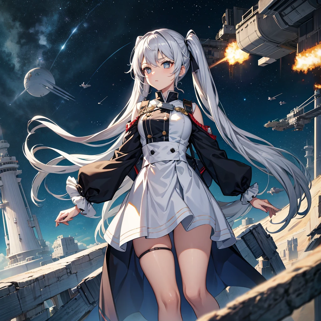 silver hair, twintails, floating hair, very long hair, upturned eyes, アニメ, cowboy shot, best quality, masterpiece、Space Battleship Bridge、Uniform based on white、black tights
