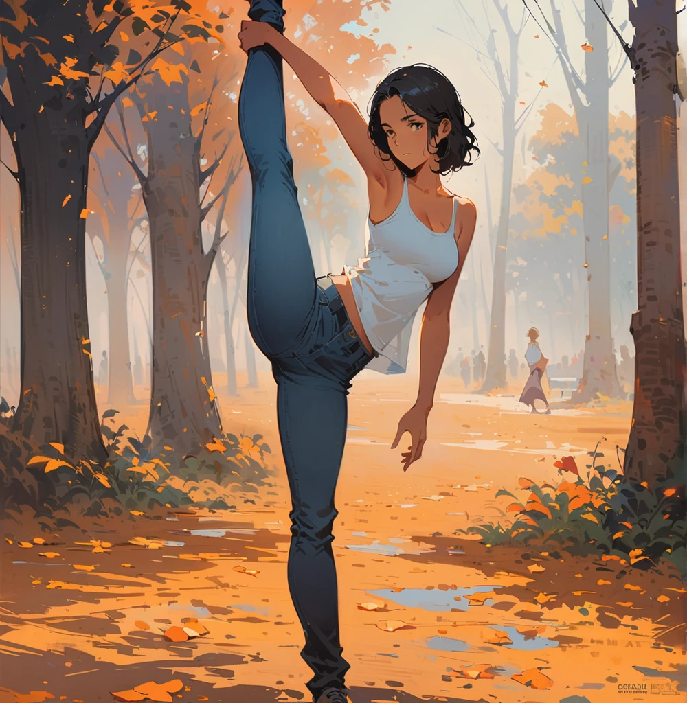 close, Beautiful woman in samdo art style, In a park covered with orange leaves , alone,Are standing_Split, Jeremy Mann, By Sandra Chevrier, Dave McCain、Richard Avedon、Maciej Cuchala, White tank top and jeans, High resolution, 8K