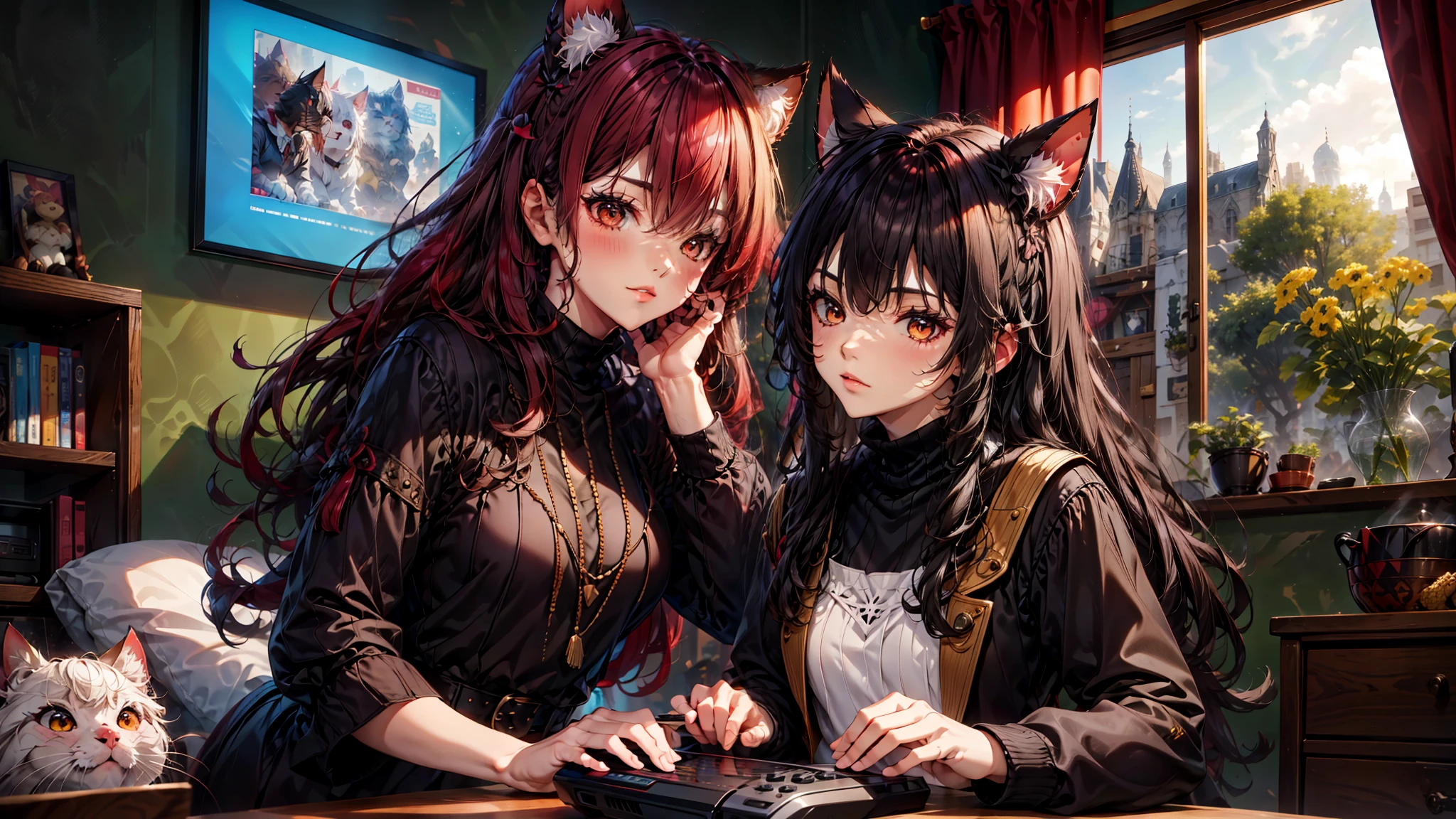 (Junkotvv 고양이 귀를 가진 소녀) 그리고 (고양이 귀가 없고 턱수염을 기른 소년 네오크루즈), playing video games together in a room full of 80s style anime 그리고 posters in neon tones with video game controllers in their h그리고s 그리고 enjoying