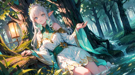 Under the protective cover of a majestic old oak tree, a young elf girl sleeps peacefully. Her silver hair spreads like a sparkl...