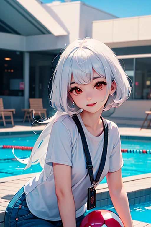 Finally its summer, the beautiful melusina (white hair, orejas rectas, cola delgada)  is playing at the municipal pool, with a color pool ball and their friends. Cute, pleasure time