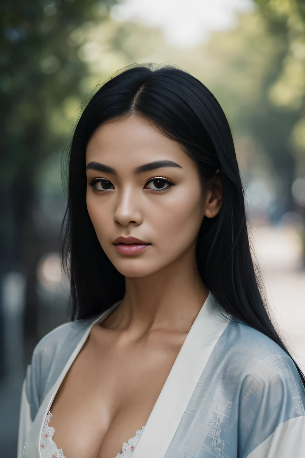 photo of a 35 years old, (chinese girl), ((((european girl)))), RAW, beautiful woman,((((high prominent cheekbones)))), (((thin pointy nose))), ((thin eyebrows)), ((((long straight black hair)))), (((supermodel face))), (dark blue eyes), (( perfect anatomy)), (((busty))), ((detailed face:1.2)), ((detailed facial features)), (finely detailed skin), (((white kimono with cleavage))), . (vivid colors), damp, moist, reflections, (masterpiece) (perfect proportion)(realistic photo)(best quality) (detailed) photographed on a Canon EOS R5, 50mm lens, F/2.8, HDR, (8k) (wallpaper) (cinematic lighting) (dramatic lighting) (sharp focus) (intricate) fashion, realistic skin texture, POV, Nikon d850, film stock photograph,4 Kodak Portra 400, camera f1.6 lens, rich colors, ultra-realistic, hyper-realistic, ultra-detailed, hyper-detailed, ((perfect face, perfect body), RAW photography, realistic skin texture, summer atmosphere, (((standing)) ,((matte skin))