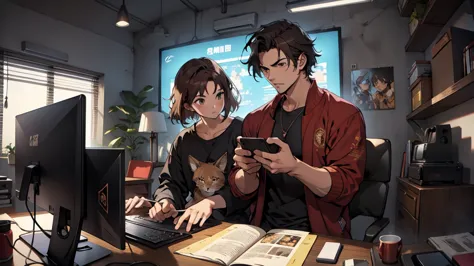 (Junkotvv a girl con orejas de gato) and (neocruz a boy con barba y sin orejas de gato), playing video games together in a room ...