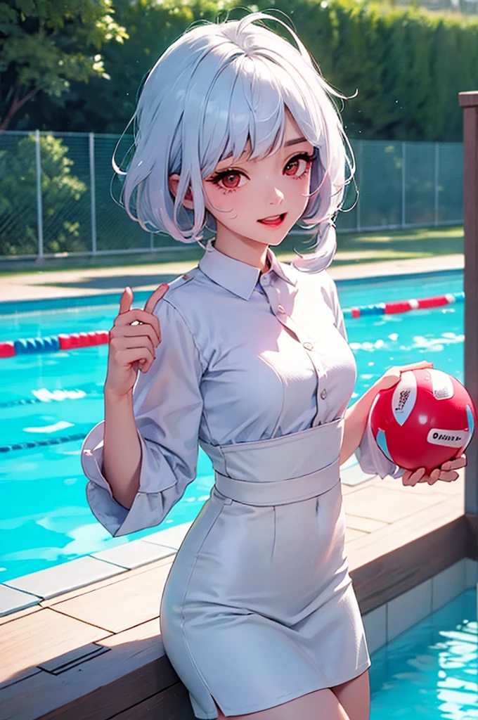 終於到了夏天, 美麗的梅盧西娜 (白色的頭髮, 直耳, 细尾)  在市立游泳池玩耍, 與彩色撞球和他們的朋友. 可愛的, 歡樂時光