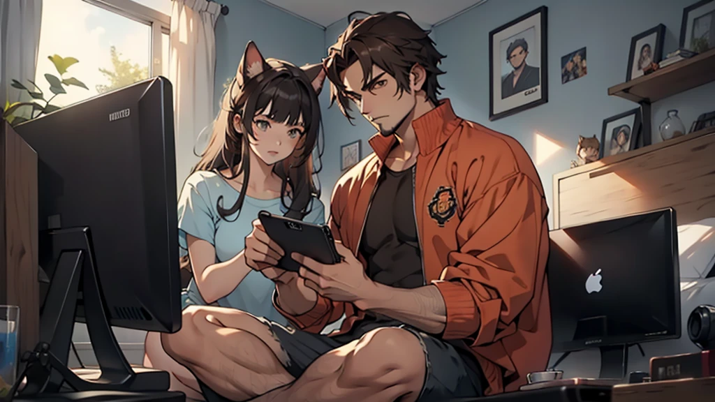 (Junkotvv a girl con orejas de gato) and (neocruz a boy con barba y sin orejas de gato), playing video games together in a room full of 80s style anime and posters in neon tones with video game controllers in their hands and enjoying