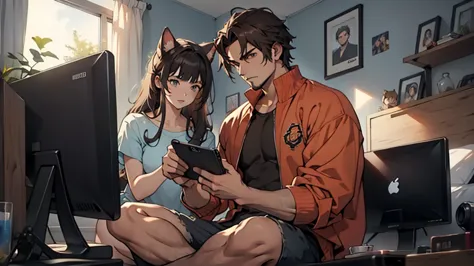 (junkotvv a girl con orejas de gato) and (neocruz a boy con barba y sin orejas de gato), playing video games together in a room ...