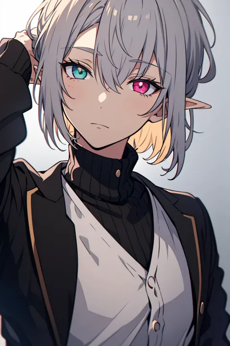 a cool male elf with straight silver hair and heterochromia, wearing a white shirt, a black cardigan draped over his shoulders, ...
