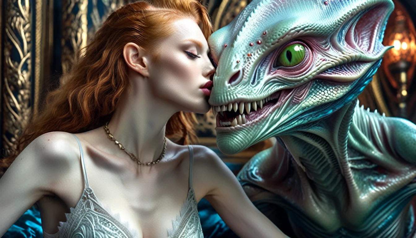 (шедевр, 8К, UHD, СЫРОЙ), Сексуальная рыжеволосая девушка целует злого инопланетянина на кровати, (((красивая молодая женщина верхом на огромном ужасающем инопланетянине))), (она скачет на инопланетянине с похотливой женственностью), ее красивое тело покрыто прозрачным полупрозрачным белым кружевным бюстгальтером с вышивкой в стиле модерн., большая сексуальная упругая грудь, ее нетронутые тонкие черты лица контрастируют с ужасающими и грозными клыками испорченного инопланетянина-мужчины., яркие иллюстрации всего тела, замысловатая скульптура, реалистичные сверхдетализированные портреты, Квинкор, изображает реальную жизнь, Действие происходит в роскошном будуаре в стиле модерн со студийным освещением.,шелковый атлас кремового и бирюзового цвета,