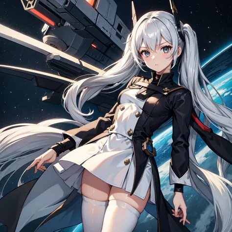 space battleship bridge、uniform based on white、((black tights)), silver hair, twintails, very long hair, upturned eyes, anime, c...