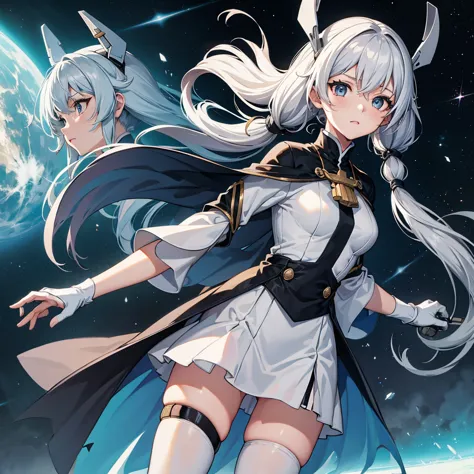 space battleship bridge、uniform based on white、((black tights)), silver hair, twintails, very long hair, upturned eyes, anime, c...