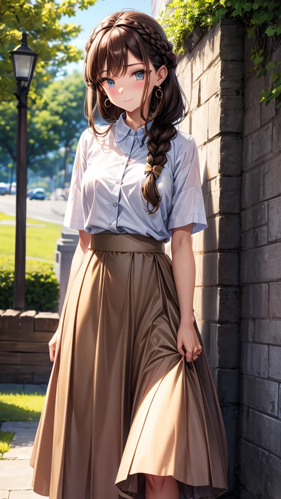 Long skirt,Brown Hair,Braid,Earrings