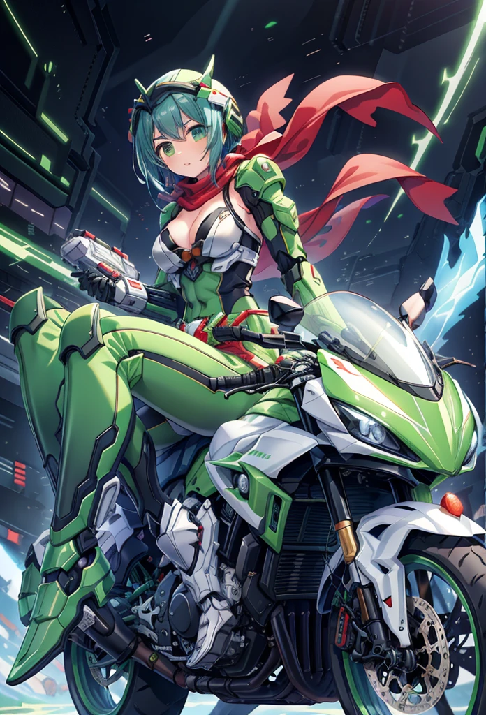 (masterpiece:1.2), best quality, high resolution, extremely detailed CG, absurdres, highres,1girl, solo, black and green powersuit, white armor, on a cyber motorcycle, thighs, cleavage, blue_hair,  red_scarf, mecha_armored, mecha_belt, headgear