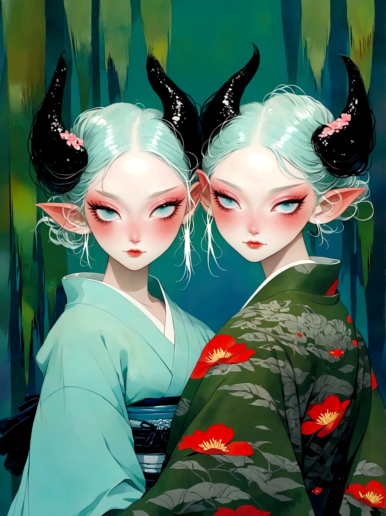 Anime style of two women wearing kimono robes, Detailed paintings inspired by Yukiya Amano, Popular on CGsociety, Fantasy Art, Nguyen Gia and Joao Nguyen, Loish and ross tran, Loish and Wallop, Krenz Kushat and Lin Wenjun, Edgar Maxence and Rose Tran, Mobis + Loish + Wallop