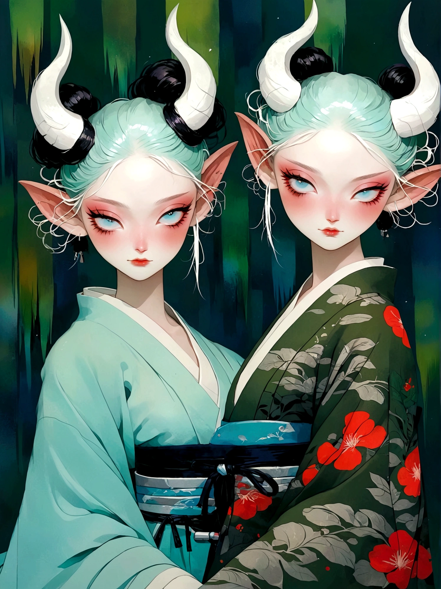 Anime style of two women wearing kimono robes, Detailed paintings inspired by Yukiya Amano, Popular on CGsociety, Fantasy Art, Nguyen Gia and Joao Nguyen, Loish and ross tran, Loish and Wallop, Krenz Kushat and Lin Wenjun, Edgar Maxence and Rose Tran, Mobis + Loish + Wallop