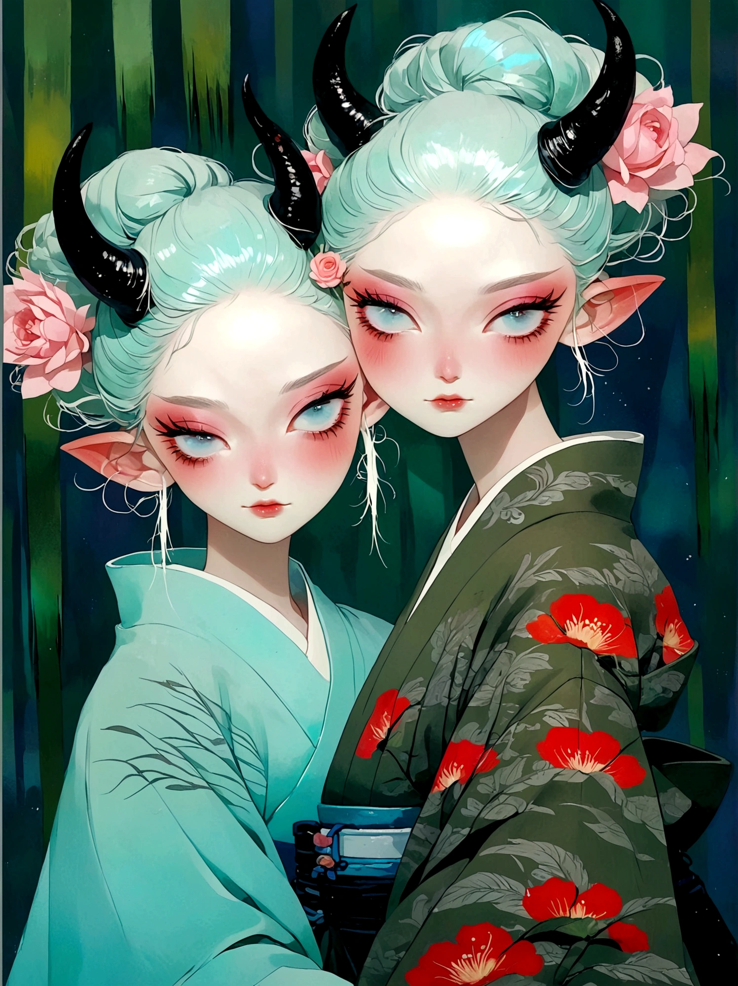 Anime style of two women wearing kimono robes, Detailed paintings inspired by Yukiya Amano, Popular on CGsociety, Fantasy Art, Nguyen Gia and Joao Nguyen, Loish and ross tran, Loish and Wallop, Krenz Kushat and Lin Wenjun, Edgar Maxence and Rose Tran, Mobis + Loish + Wallop