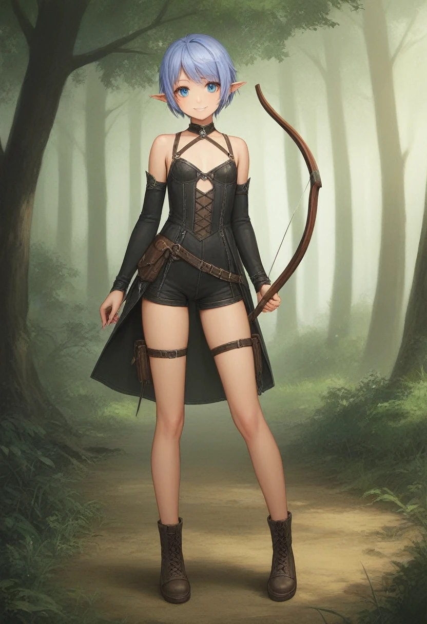 childish, sassy, ​​skinny, cute, female elf, short lilac hair, blue eyes, flat chest, rustic hunting attire, rustic leather shoes, naughty smile, bow and arrow in hands, shooter pose, hunting in a forest, TER style, fantasy anime, cinematic, dramatic, masterpiece, dynamic view, full body,