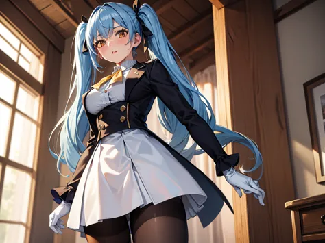 1girl, solo, long hair, breasts, looking at viewer, blush, bangs, skirt, shirt, gloves, long sleeves, twintails, blue hair, stan...