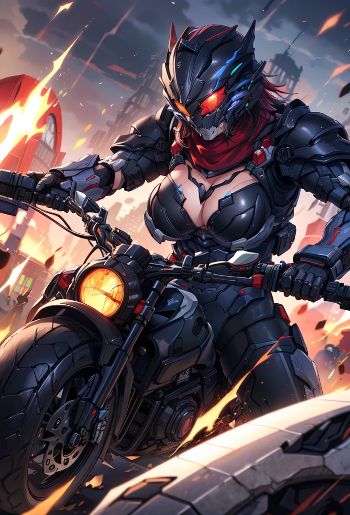 (masterpiece:1.2), best quality, high resolution, extremely detailed CG, absurdres, highres,1girl, solo, black powersuit,  black armor, on a cyber motorcycle, thighs, cleavage, red_hair,  red_scarf, mecha_armored, mecha_belt, headgear