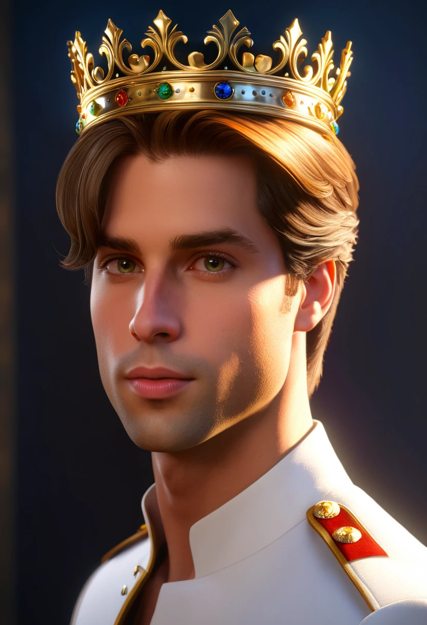 masterpiece, best quality, high quality, high definition, high quality texture, high quality shadow, high detail, beautiful detailed, fine detailed, extremely detailed cg, detailed texture, a realistic representation of the face, realistic, colorful , delicate, cinematic light, side light, Lens Flare, Ray Tracing,tailed beautiful delicate face, detailed beautiful delicate eyes, Prince with crown, princess with crown, duke and duchess, side pose, white gown, uniform, 