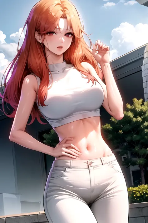 red ,hair,red eyes,(high quality eyes),masterpiece, best quality, high quality, highres, outdoors, looking at viewer, white shir...