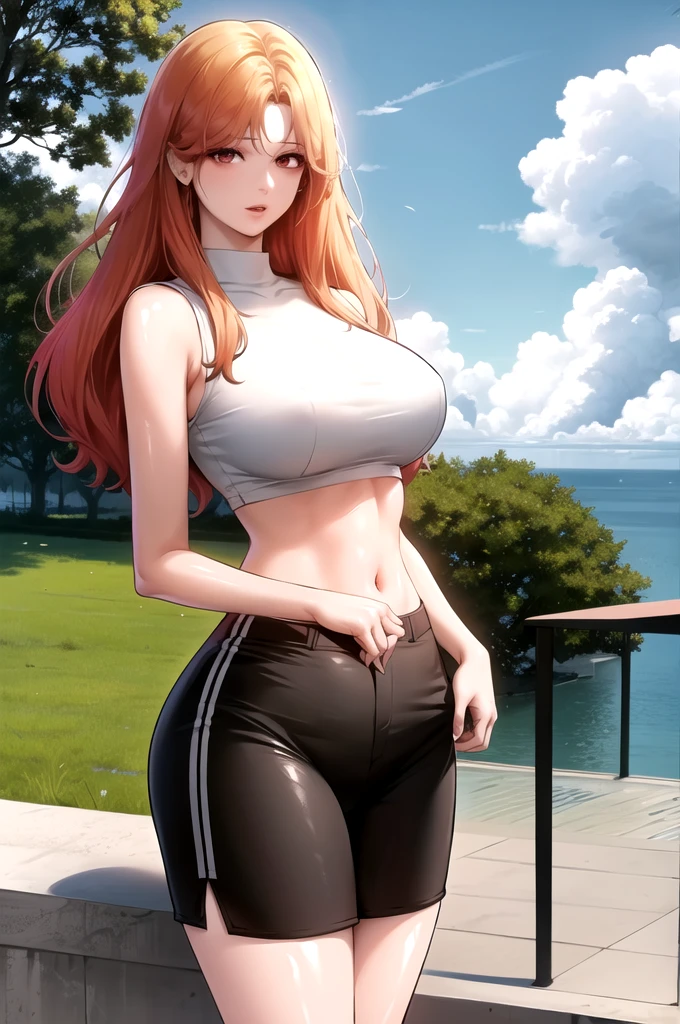 Red ,hair,red eyes,(high quality eyes),masterpiece, best quality, high quality, highres, outdoors, looking at viewer, white shirt,see through crop top, midriff, navel, black latex pants, Jenny, tall female,big breasts, tassel earrings,wavy hair,
