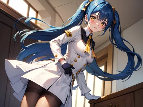 1girl, solo, long hair, breasts, looking at viewer, blush, bangs, skirt, shirt, gloves, long sleeves, twintails, blue hair, stan...