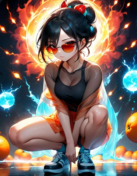 Ethereal being, loose bun, bioluminescent see-through attire, goku sexy + sarada power dark sunglasses, full-body stance, low sq...