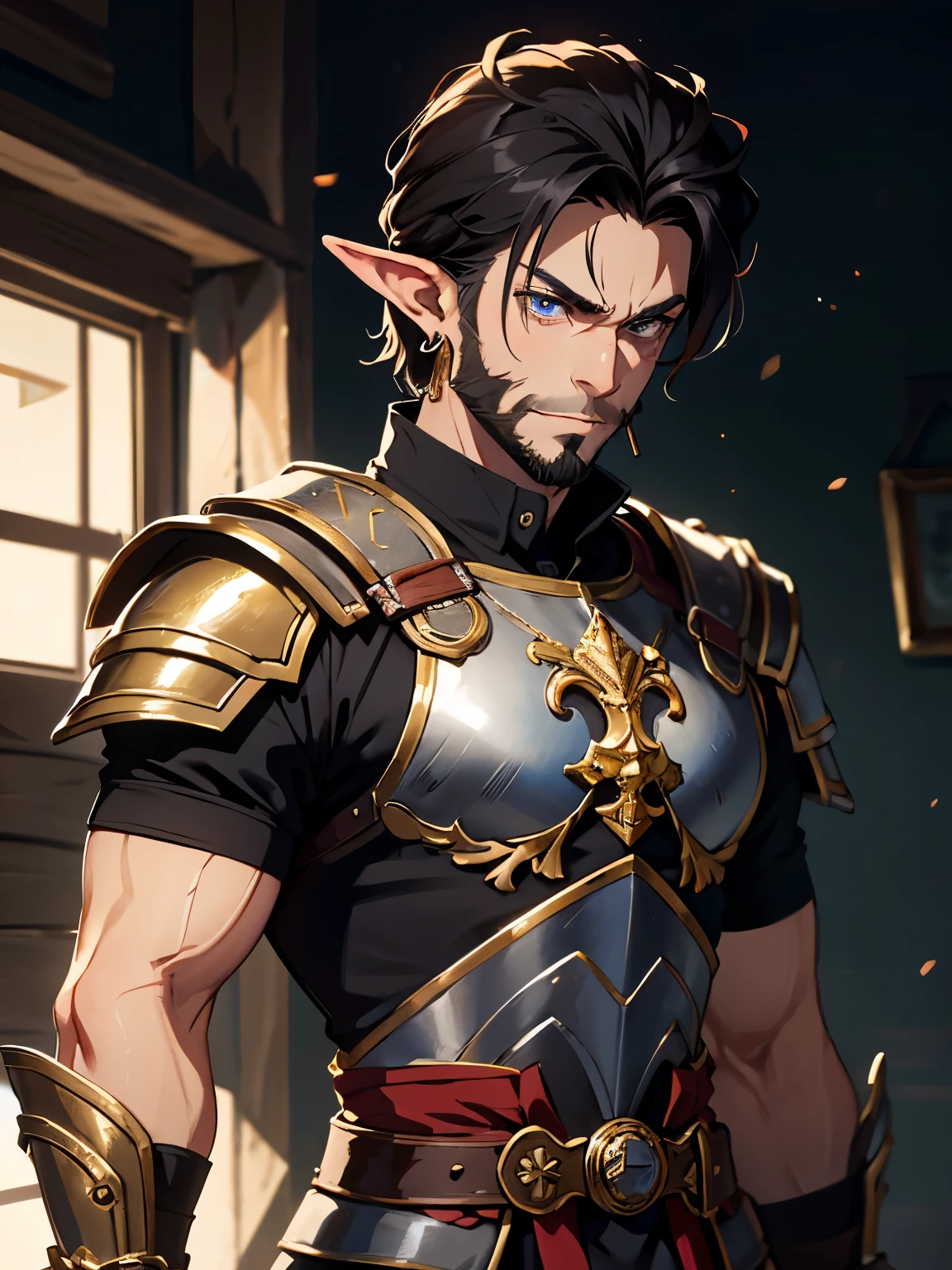 Masterpiece, best quality, (1_man), ((male body)), handsome, (beard), strong, tall, ((upper body)), looking at the viewer, sinister face, (cocky smirk), smirking, long elf ears, earrings, black hair, short hair length, scar over eye, blue eyes, (((eyes_looking_away))), wearing gladiator armor, facing away from viewer, golden bracelets, 