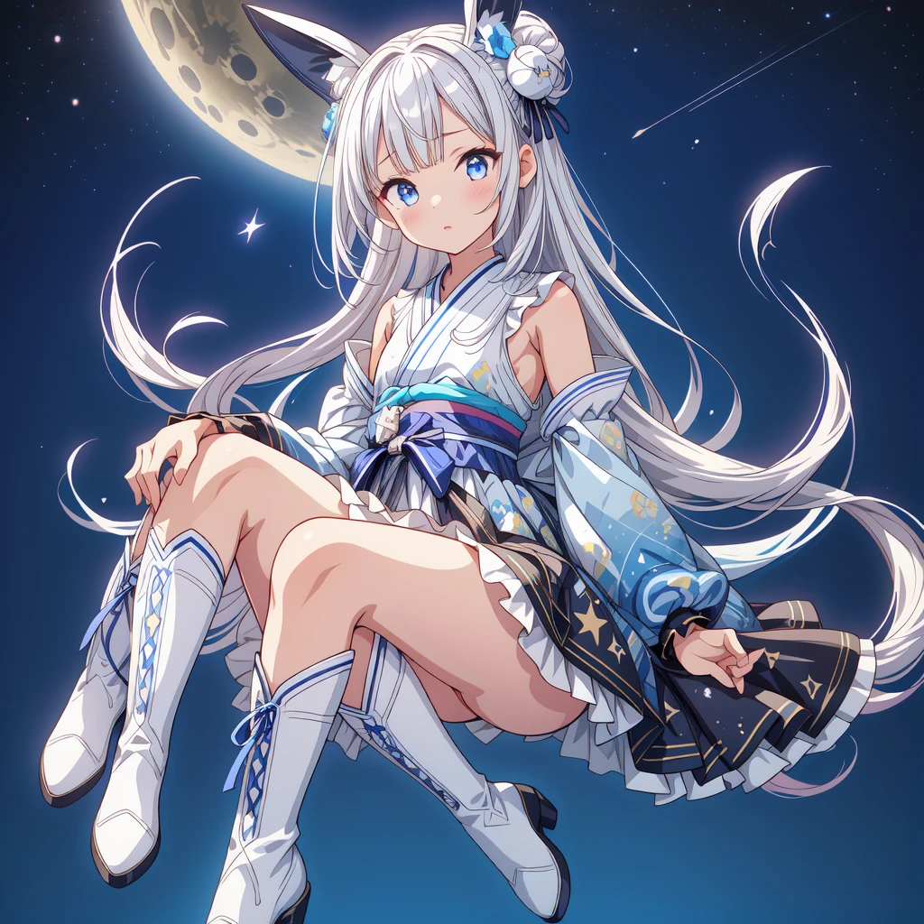 Sitting on the crescent moon、A spaceship with a cute rabbit face、Star Fairy、(((One girl)))、Lower Body Shot、Focus on the boots、vtuber half body、Star Fairy、「Beautifully printed galaxy patterned kimono and gothic lolita outfits.、Space Pattern Ruffle Box Pleated Mini Skirt、Frontal portrait、Knee-high boots、Captivating eyes、Perfect and amazing face、Exquisite detail、Clear images、Highest quality。」Milky white and blue gradient straight long hair、