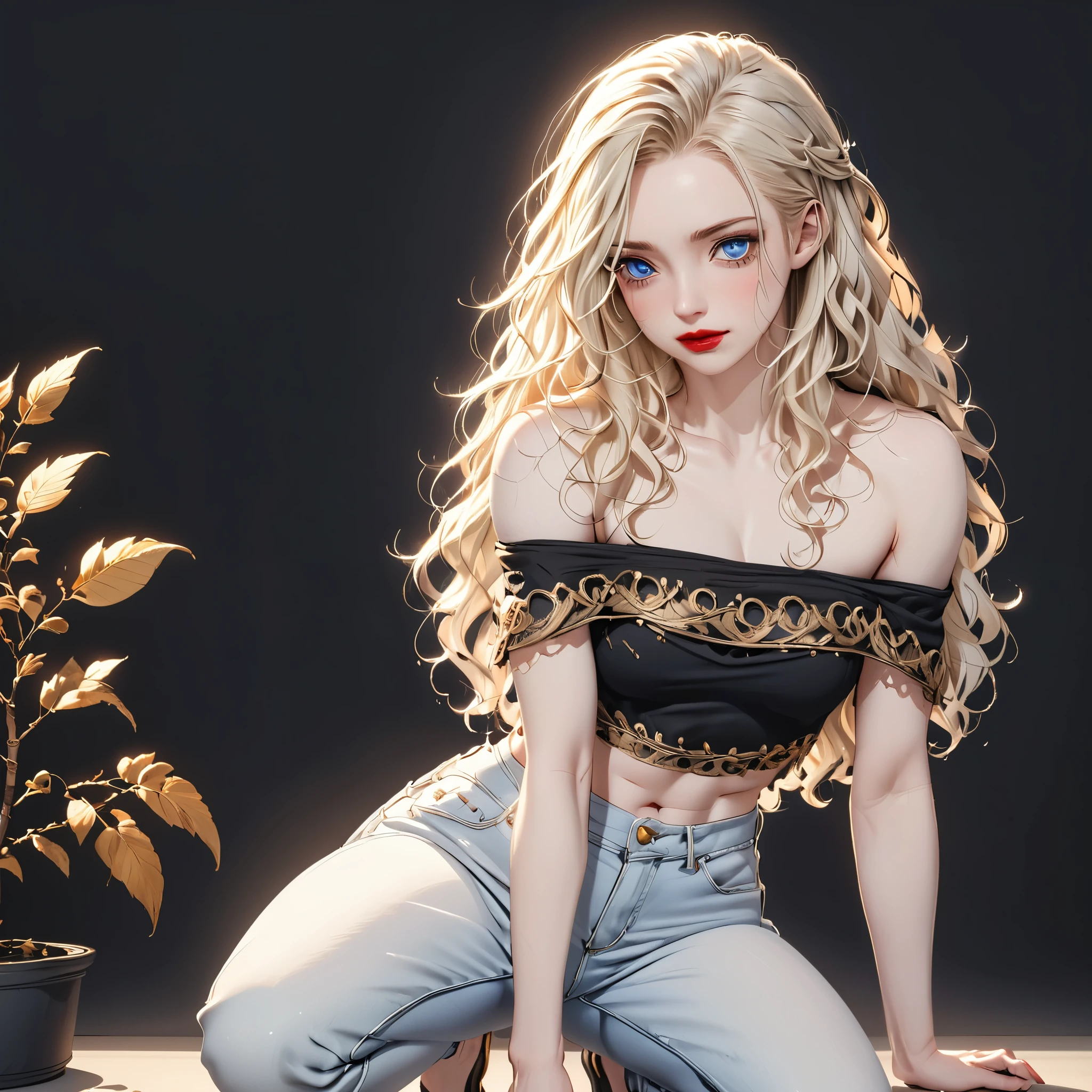 (young, woman, pale skin, blue eyes:1.3), long blonde curly hair, (muscular body, small breasts:1.1), (red lipstick, black eye makeup:0.8), (sheer off-Shoulder, white sheer belly top, tight waist high jeans:0.9), golden bracelet, (ashamed, smilie, squatting:1.2), full body view:1.8), (black background:1.4), detailed skin texture, 24k resolution, highly detailed, (natural front light:0.6)