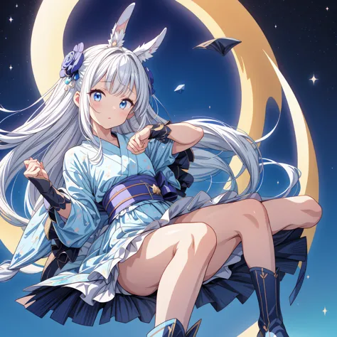 sitting on the crescent moon、a spaceship with a cute rabbit face、star fairy、(((one girl)))、lower body shot、focus on the boots、vt...