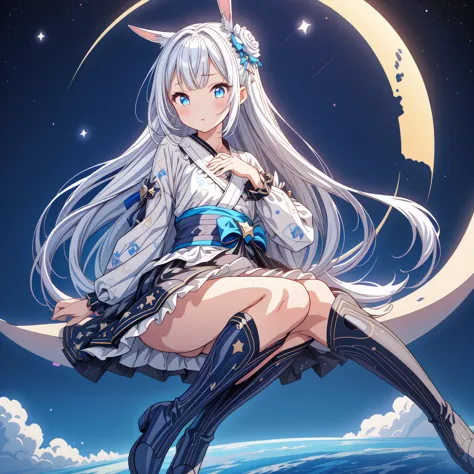 sitting on the crescent moon、a spaceship with a cute rabbit face、star fairy、(((one girl)))、lower body shot、focus on the boots、vt...