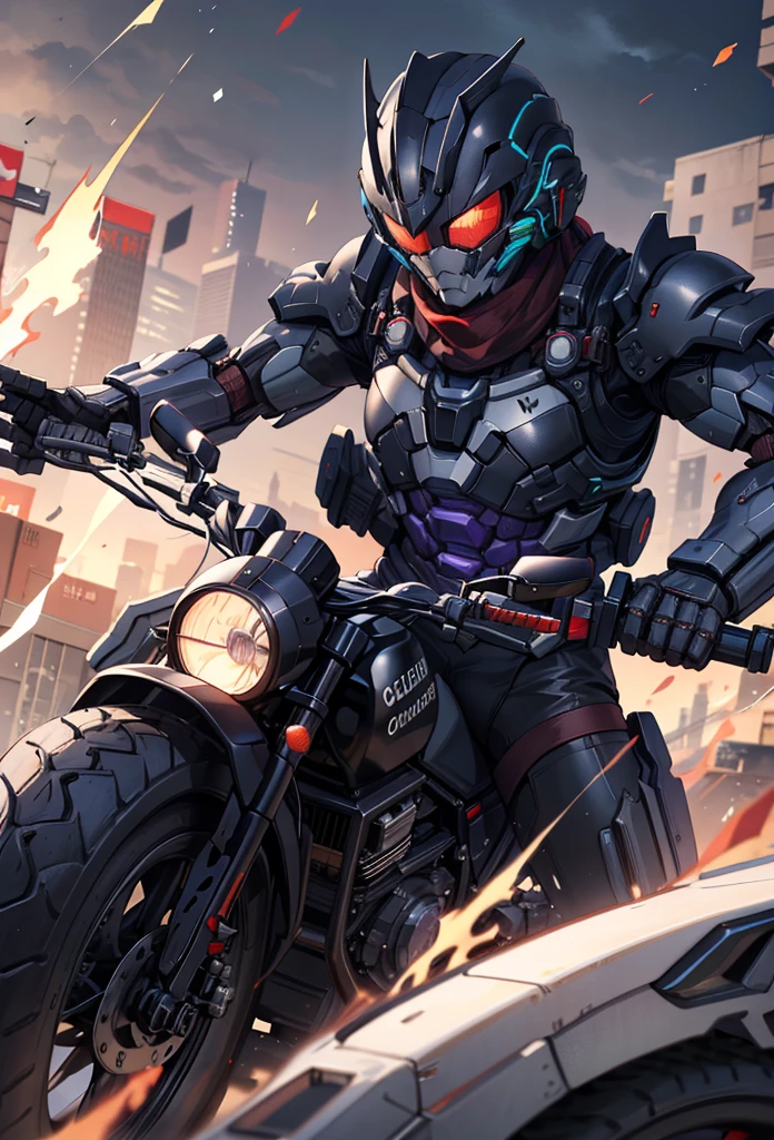 (masterpiece:1.2), best quality, high resolution, extremely detailed CG, absurdres, highres,1girl, solo, black powersuit,  black armor, on a cyber motorcycle, red_scarf, mecha_armored, mecha_belt, headgear