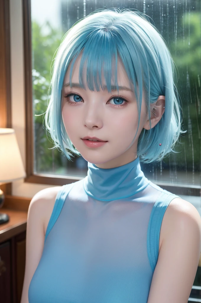 (masterpiece), (best quality), Ultra-high resolution, Raw photo, A photo-realistic, ((Looking outside by the window on a rainy day)), super cute woman, 1girl, (perfect face:1.2), (beautiful face:1.2), pale blue hair, short hair, (from under, upper body:1.3), happy, light smile, looking at viewer, pose, sheer turtleneck shirt, sleeveless shirt, outdoors, night time, intricate, depth of field, cinematic lighting,