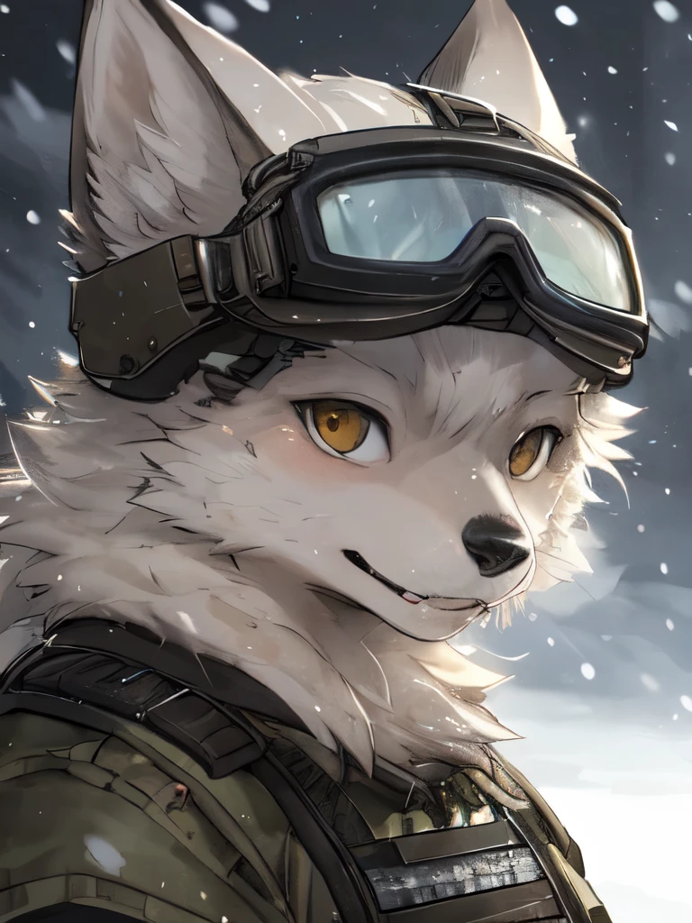  1 person, 8k Werewolf Portrait, Arctic fox, Arctic fur is as white as snow，Modern soldiers，Tactical helmets，Goggles，Bulletproof vest，complex, Very detailed, number, Smooth, Clear focus, illustration, ((masterpiece))，Yoshitaka Amano