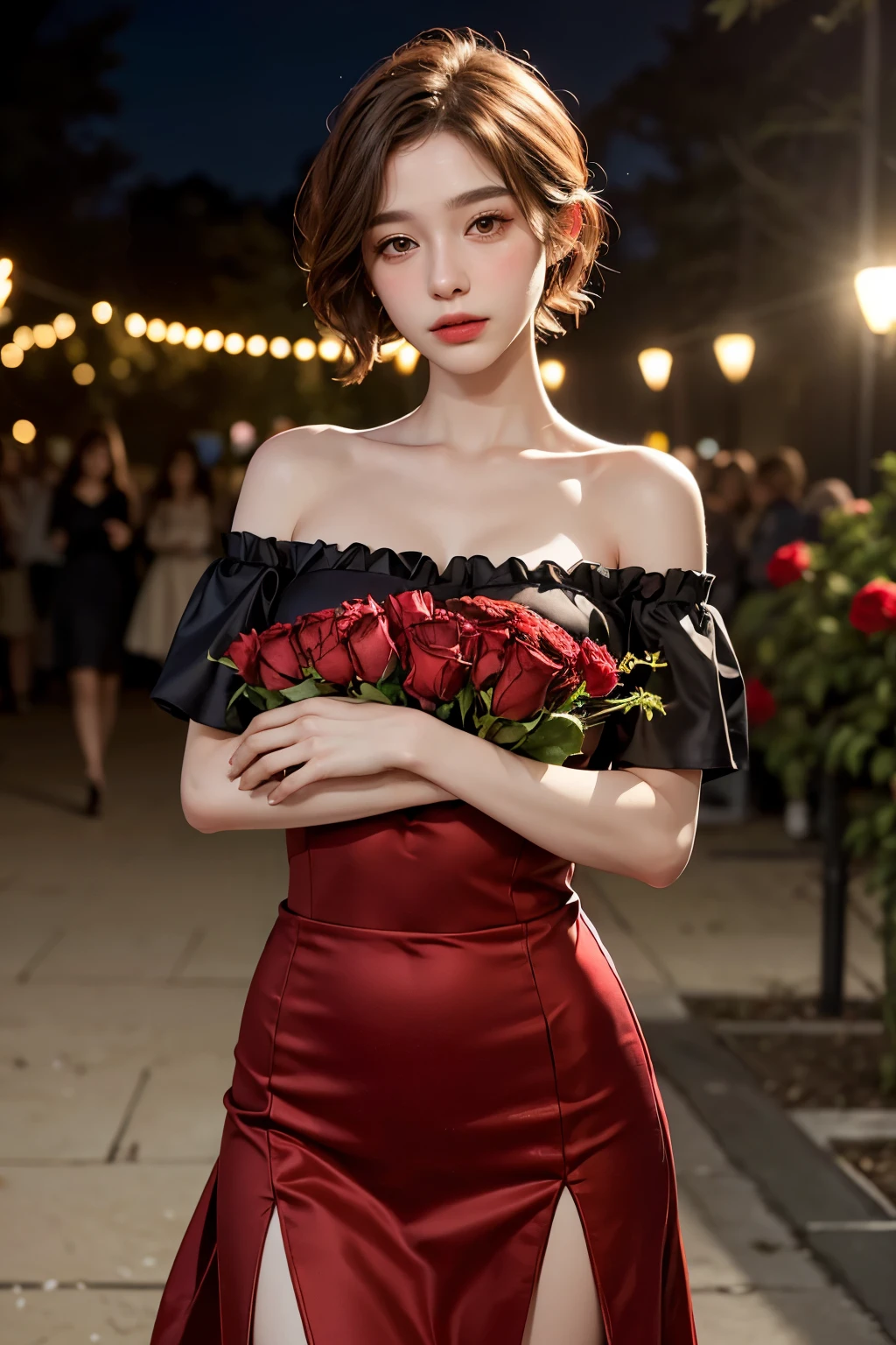 Red long skirt dress, Highest quality, masterpiece, Ultra-high resolution, (Realistic:1.4), RAW Photos, One Girl, Off the shoulder, Red carpet, ((holding a bunch of roses)), Deep Shadow, Moderate, short hair, 20-year-old,Cute face,Tight shirt, Cowboy Shot, Spotlight, celebration