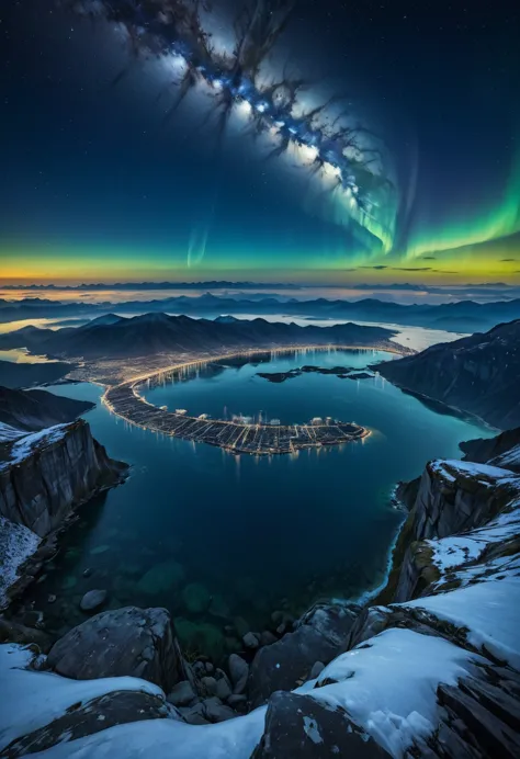 Ultra-high quality，Sea，Reflection，City lights are bright，moon，Snow-capped mountains in the distance，galaxy, Star，aurora，Sea of C...