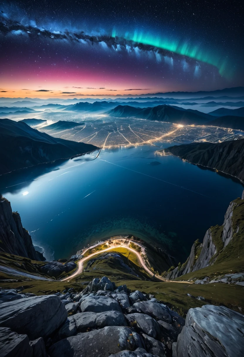 Ultra-hohe Qualität，Meer，Betrachtung，Die Lichter der Stadt sind hell，Mond，Schneebedeckte Berge in der Ferne，galaxy, Stern，Polarlicht，Meer of Clouds, schöne Landschaft, Nachtsicht，Meisterwerk