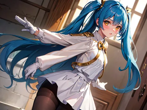 1girl, solo, long hair, breasts, looking at viewer, blush, bangs, skirt, shirt, gloves, long sleeves, twintails, blue hair, stan...