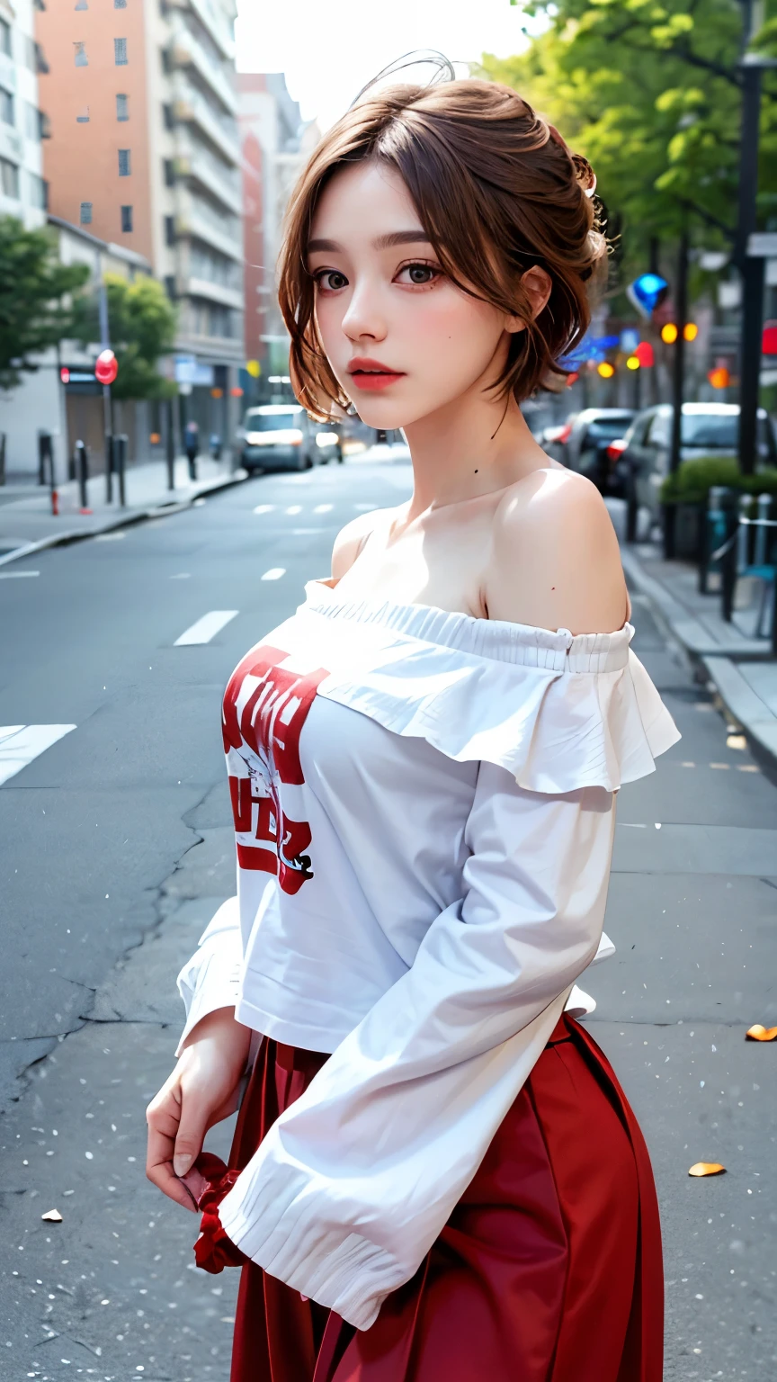 Red long skirt dress, Highest quality, masterpiece, Ultra-high resolution, (Realistic:1.4), RAW Photos, One Girl, Off the shoulder, Red carpet, holding a bunch of roses, Deep Shadow, Moderate, short hair, roadside,walk, 20-year-old,Cute face,Tight shirt, Cowboy Shot