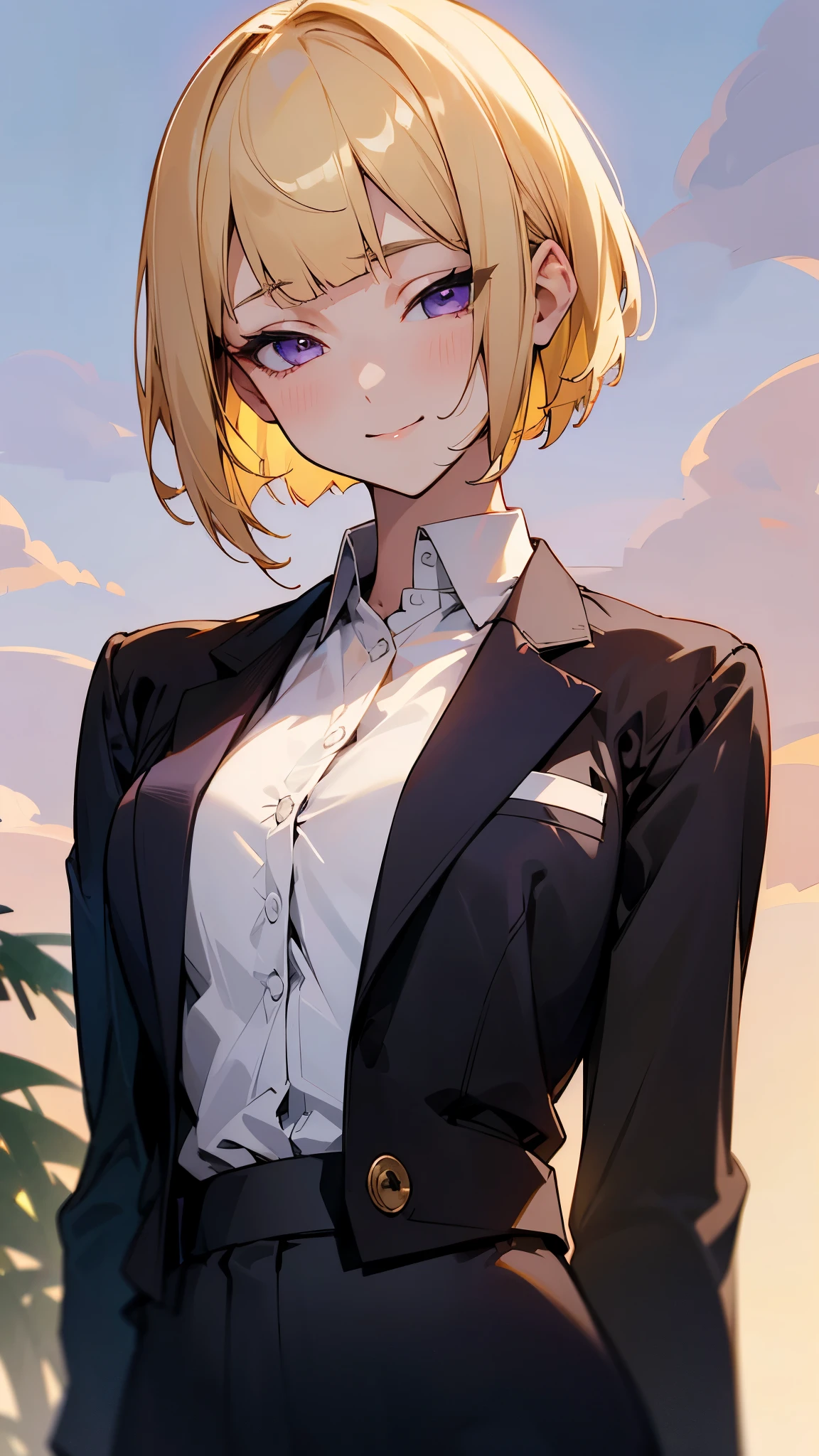 1 Girl、(blonde)、short hair、Bobcut、Blunt bangs、Beautiful purple eyes、Slender body、Upper body close-up、White shirt、Black work trousers、Black Fitted Blazer、Calm face、Mouth closed、Cheeky Smile、Squint your eyes、Park in the background、sunset、Soft lighting.