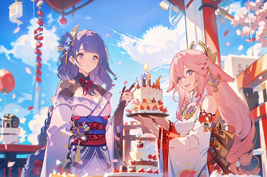 masterpiece, best quality,raiden shogun, multiple girls, 2girls, yae miko, pink hair, urple hair, japanese clothes, long hair,  animal ears,  hair ornament, fox ears, detached sleeves, kimono, ((birthday cake)), japanese temple, japan, sakura petals