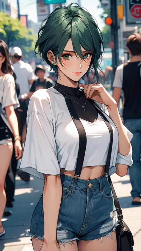 1 Female, Tamaki, green short hair, hair between eyes, Street fashion,