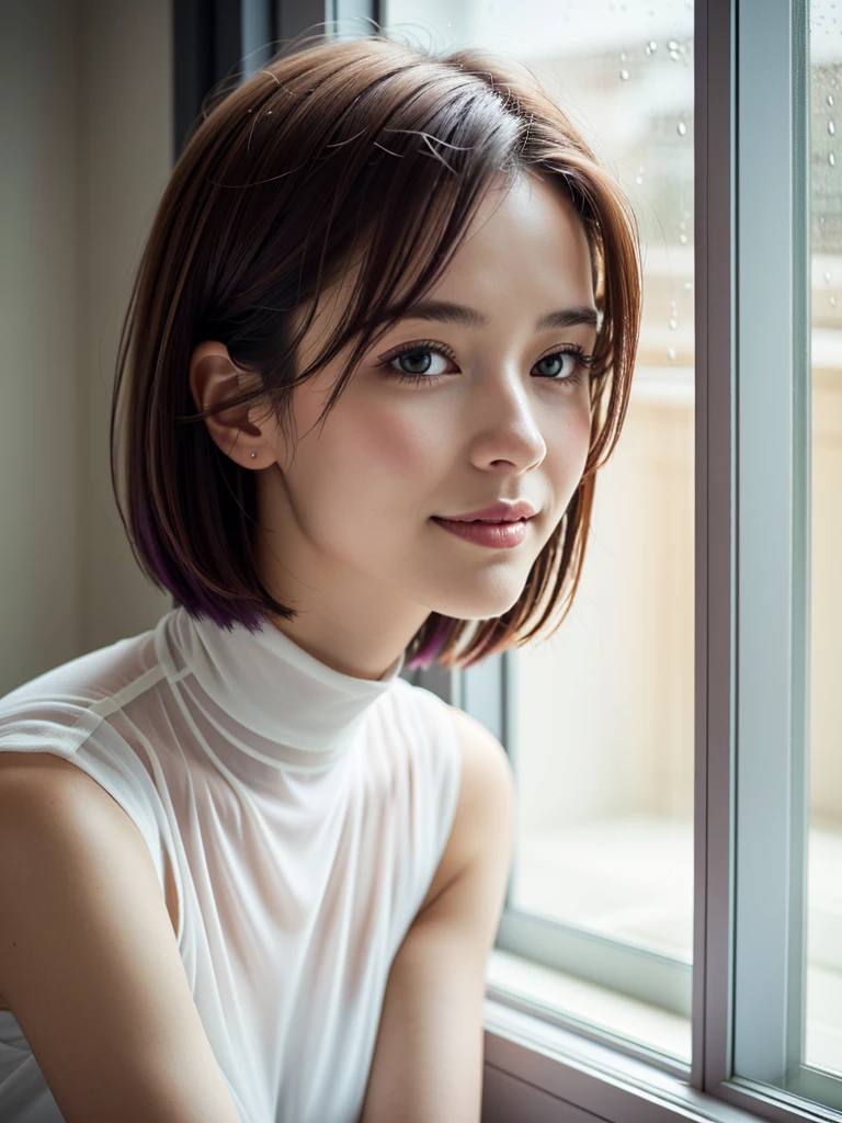 (masterpiece), (best quality), Ultra-high resolution, Raw photo, A photo-realistic, ((Looking outside by the window on a rainy day)), super cute woman, 1girl, (perfect face:1.2), (beautiful face:1.2), pale purple hair, short hair, (upper body:1.3), happy, light smile, looking out the window, pose, sheer turtleneck shirt, sleeveless shirt, indoors, morning time, intricate, depth of field, cinematic lighting,